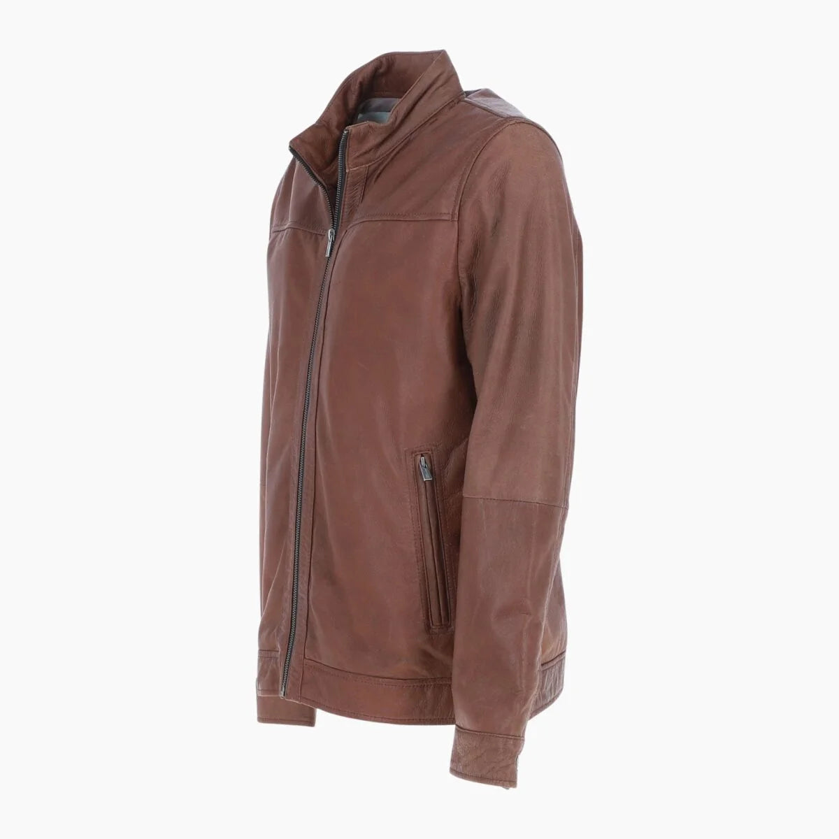 Mens Real Leather Jacket with Mandarin Collar and Zip Brown