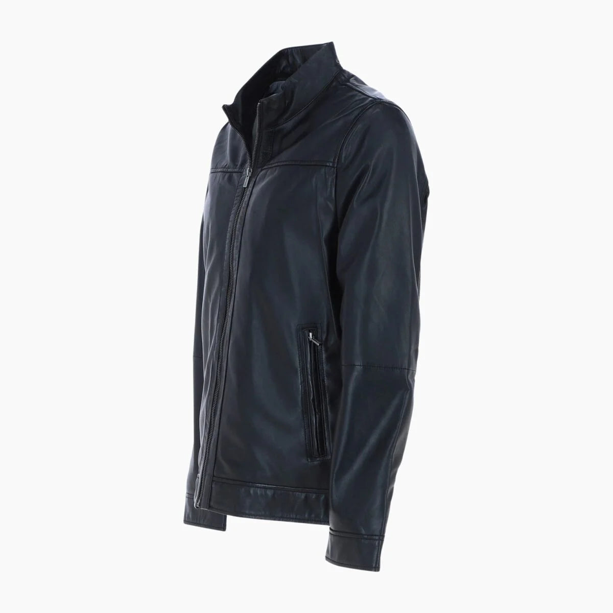 Mens Real Soft Leather Jacket with Mandarin Collar and Straight Zip Black