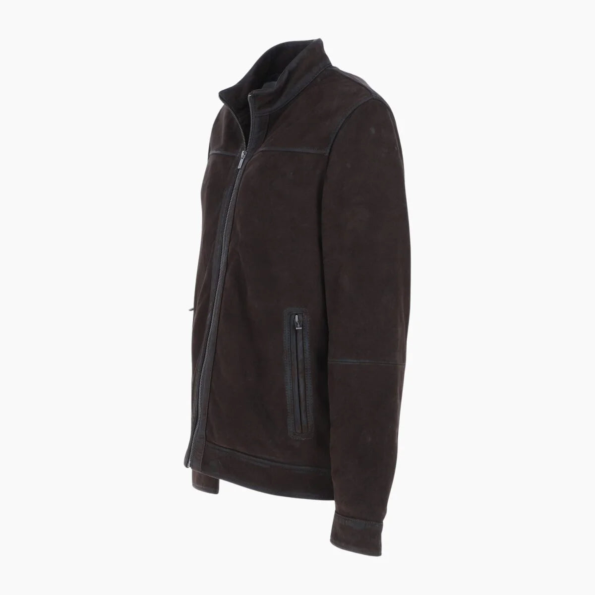 Mens Real Leather Jacket with Mandarin Collar and Zip Dark Brown