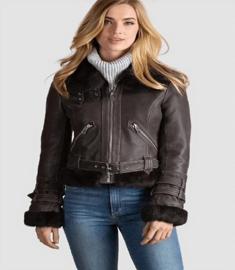 Womens Shearling B-3 Bomber Vintage Leather Jacket