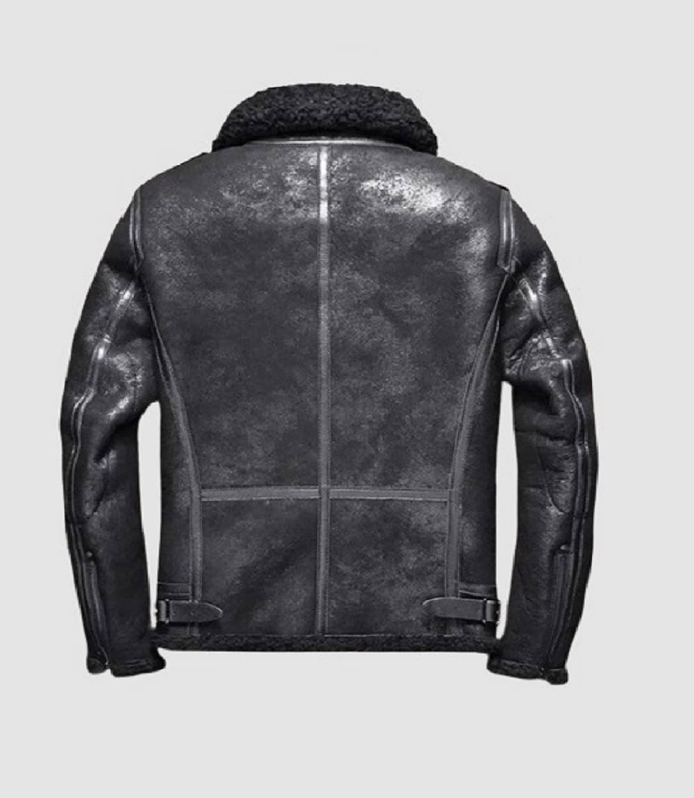 Mens Black Leather Shearling Jacket Heavy Fur Lining