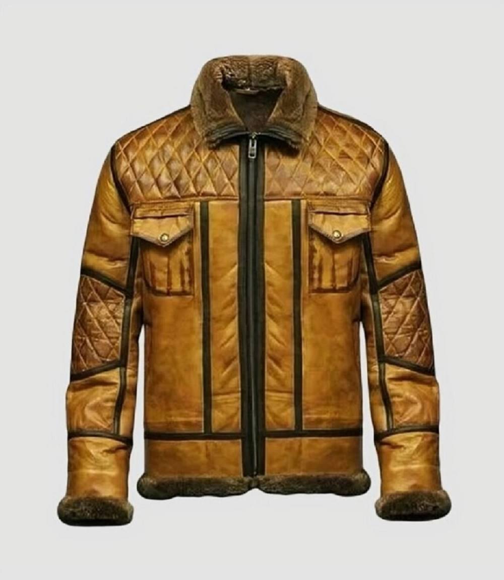 Mens Distressed Quilted Shearling B3 Bomber Leather Jacket