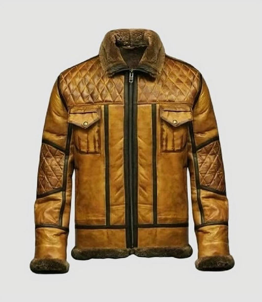 Mens Distressed Quilted Shearling B3 Bomber Leather Jacket