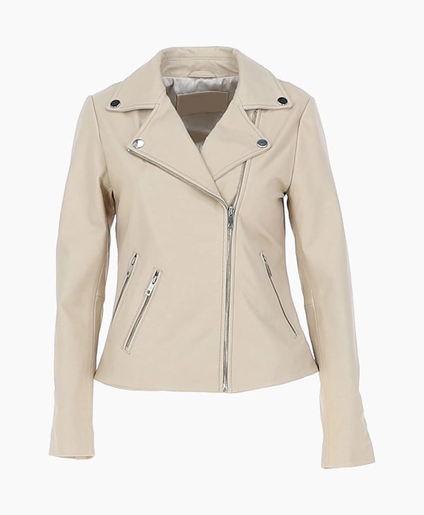 Leather Biker Jacket Beige Amsterdam