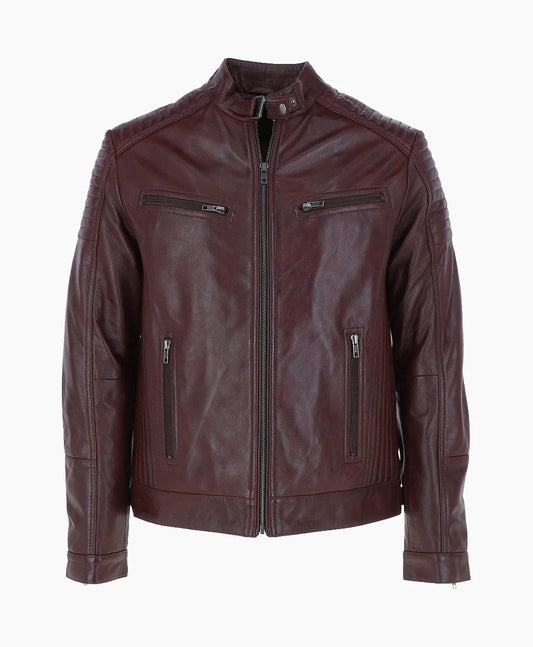 Leather Biker Jacket Burgundy Dallas