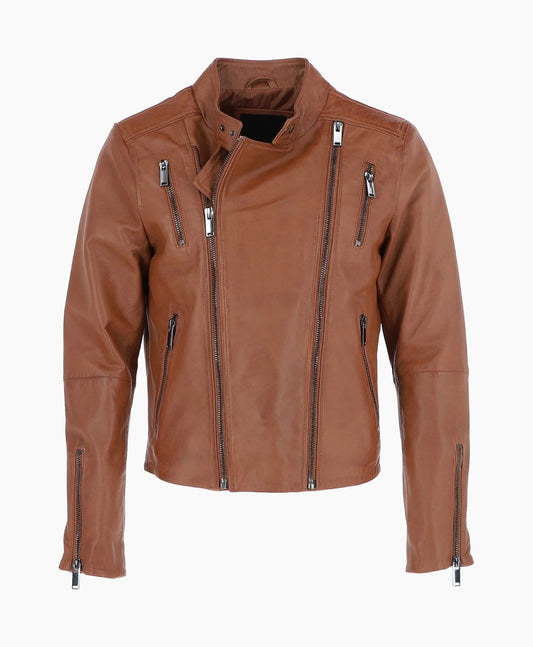 Leather Biker Jacket Tan Logan