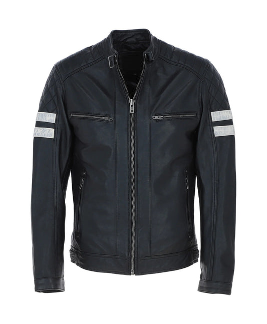 Leather Biker Jacket with Bold Contrasting Stripe Black Casper