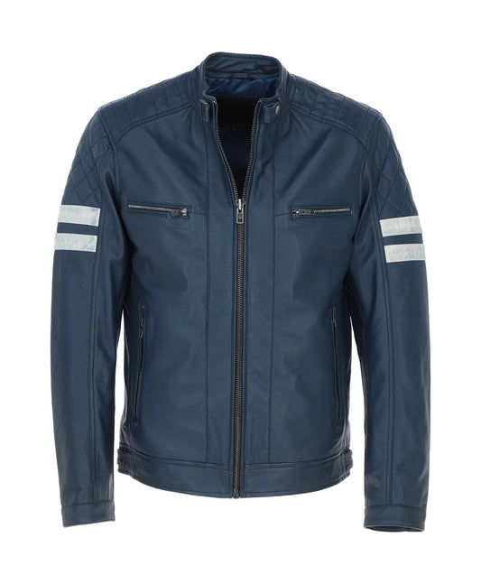 Leather Biker Jacket with Bold Contrasting Stripe Navy Casper