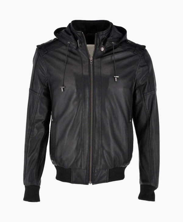Leather Hooded Bomber Jacket Black Abilene