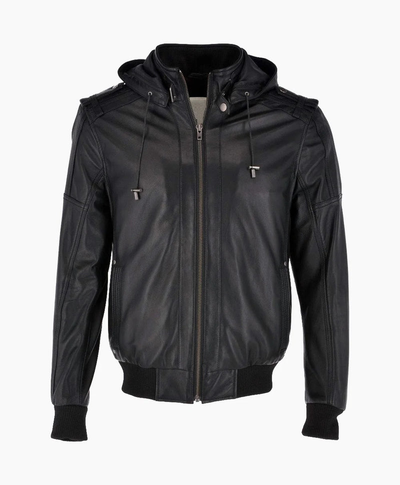 Leather Hooded Bomber Jacket Black Abilene