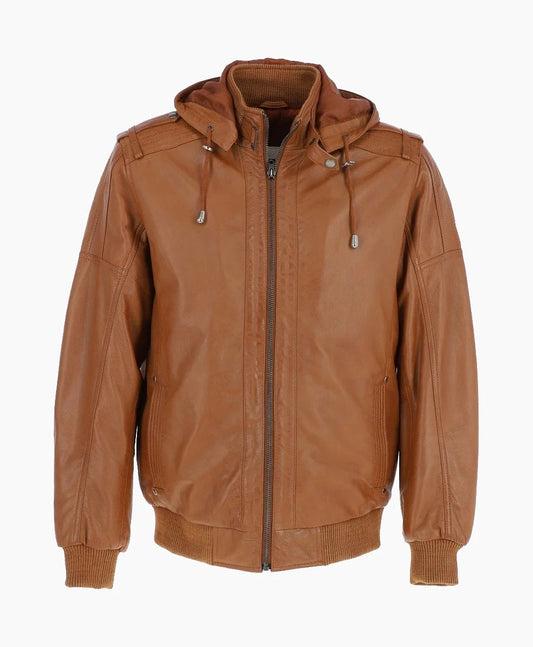 Leather Hooded Bomber Jacket Tan Abilene