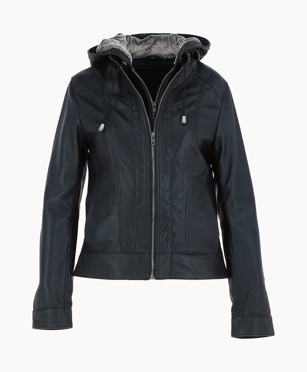 Leather Hooded Jacket Black Sarasota