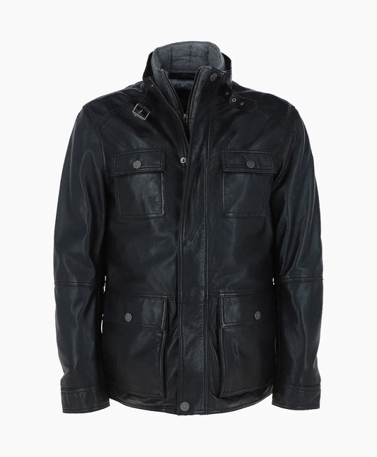 Leather Jacket Detachable Collar Black Orlando