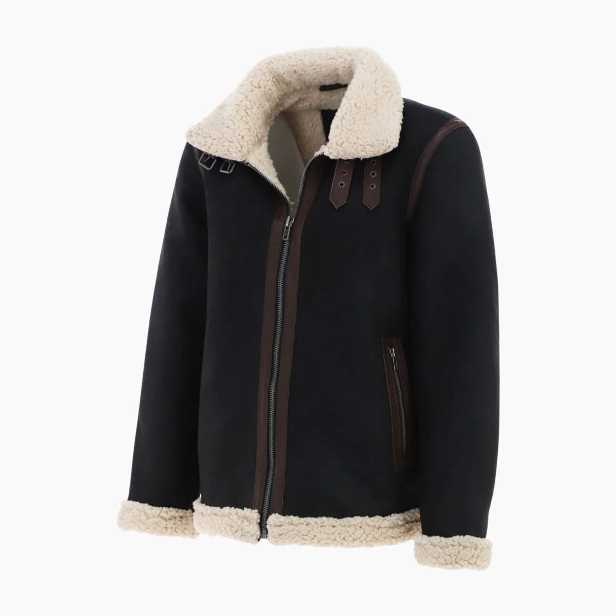 Men’s Real Leather Suede Loose Fit Jacket With Faux Fur Lining & Collar Black