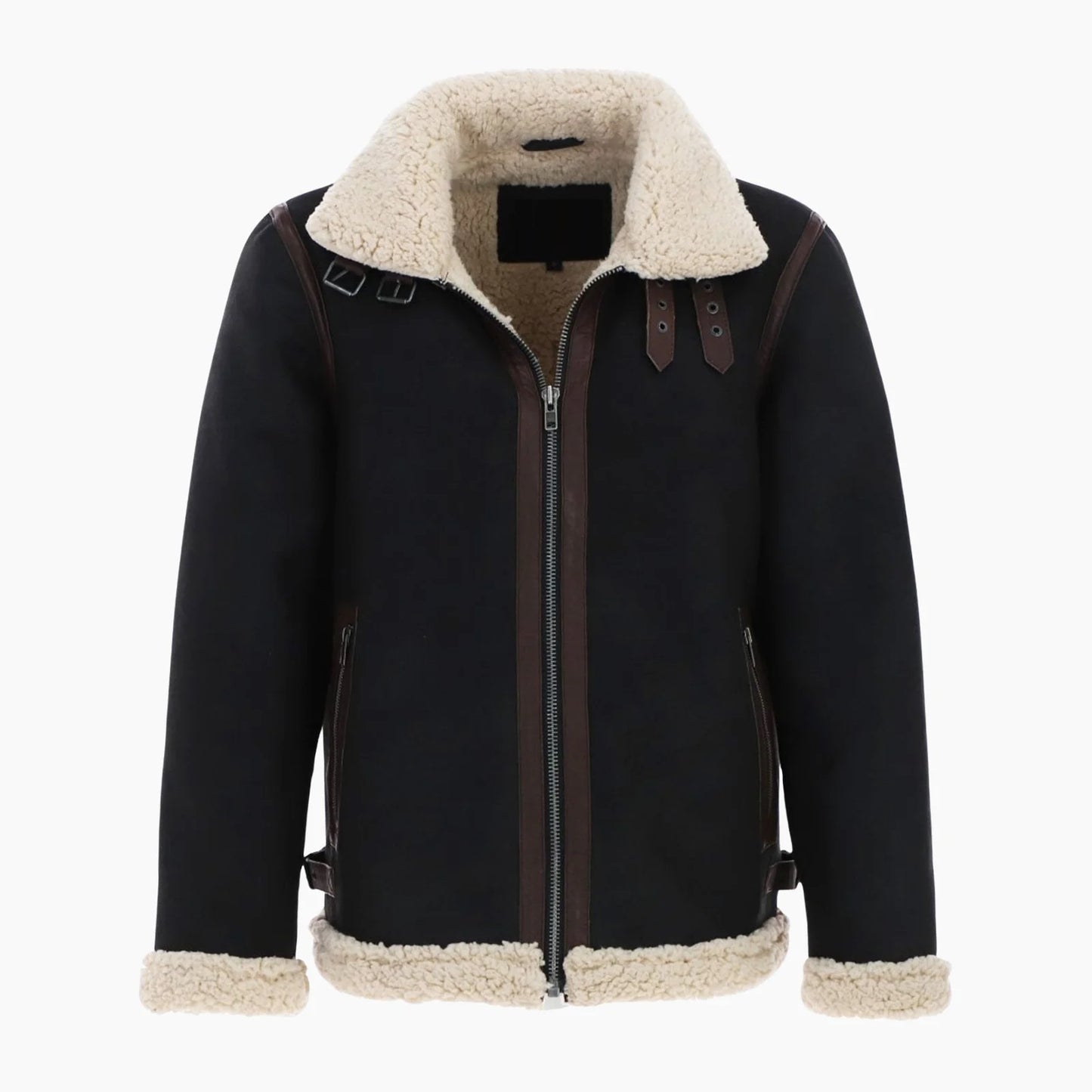 Men’s Real Leather Suede Loose Fit Jacket With Faux Fur Lining & Collar Black