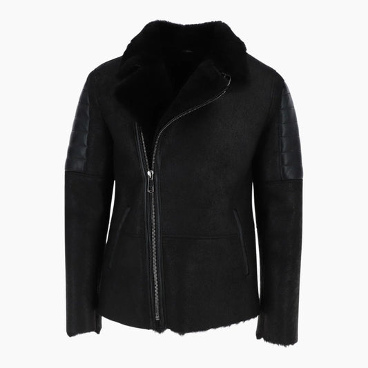 Mens Luxury Side Zip Sheepskin Pilot Jacket Black