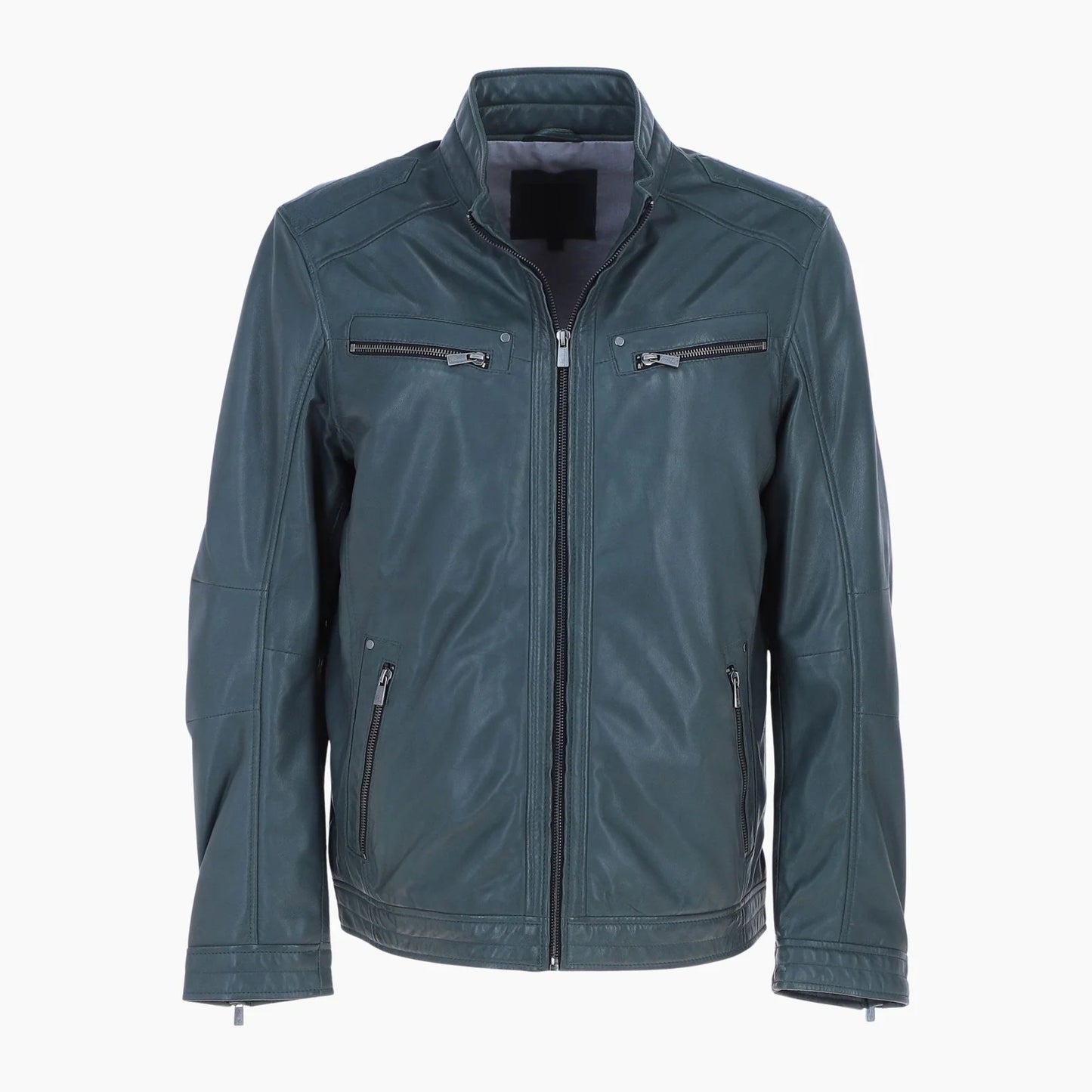 Mens Multi Zip Biker Leather Jacket Charcoal Green