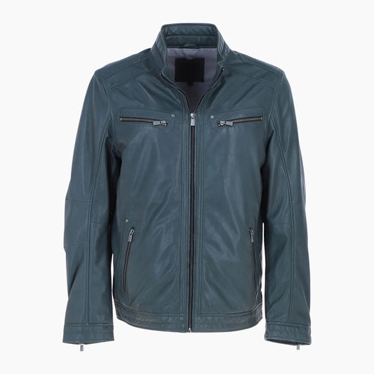 Mens Multi Zip Biker Leather Jacket Charcoal Green