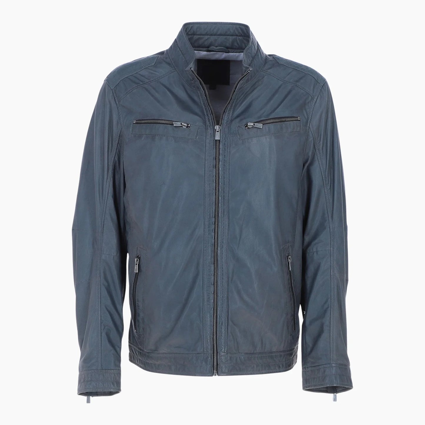 Mens Multi Zip Biker Leather Jacket Raven Grey