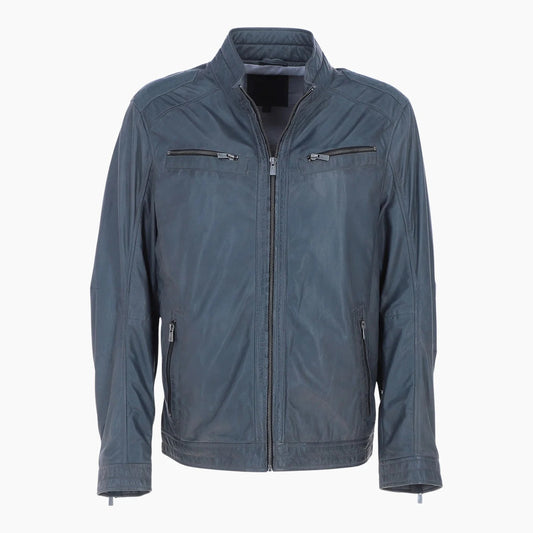 Mens Multi Zip Biker Leather Jacket Raven Grey