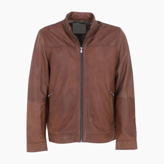 Mens Real Leather Jacket with Mandarin Collar and Zip Brown