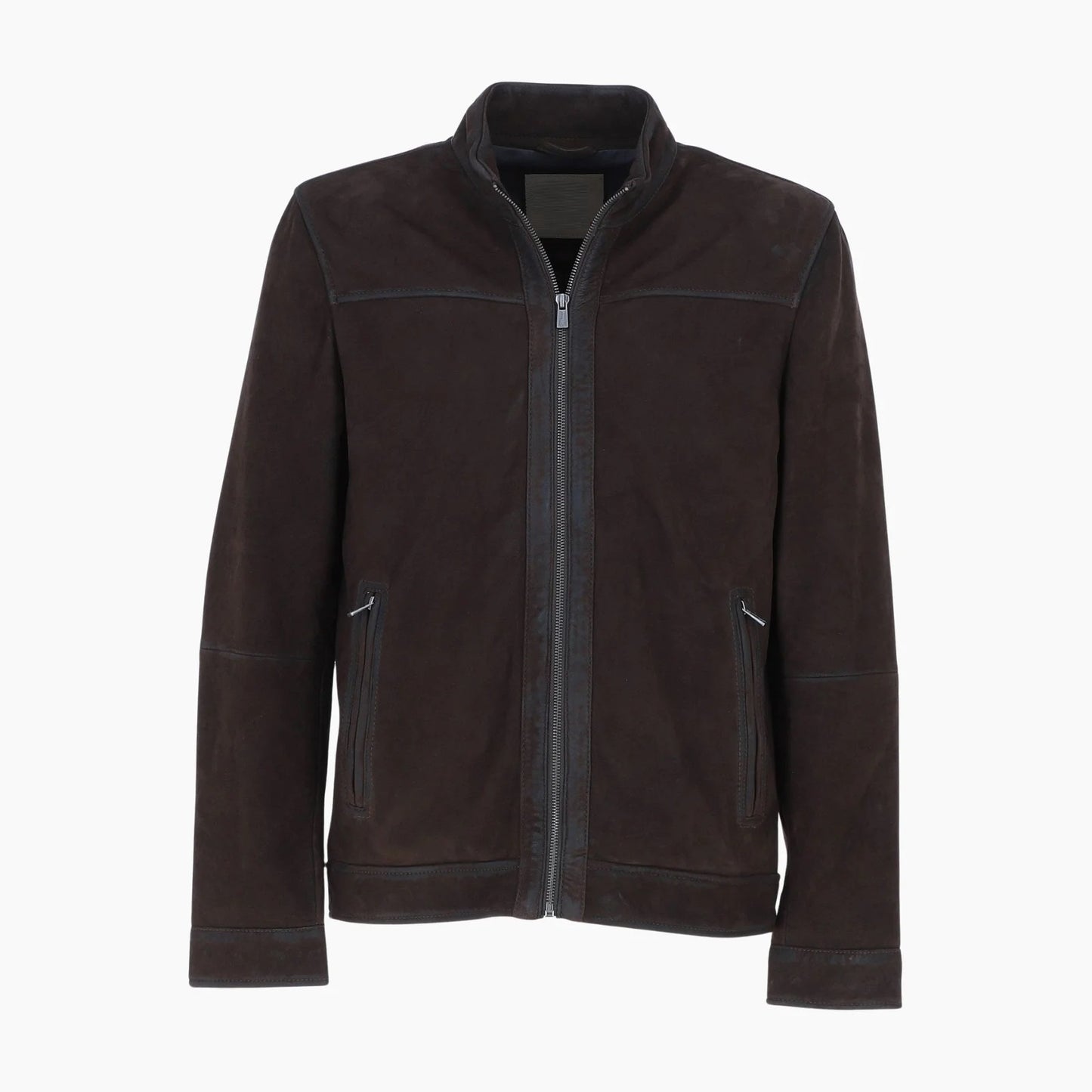 Mens Real Leather Jacket with Mandarin Collar and Zip Dark Brown