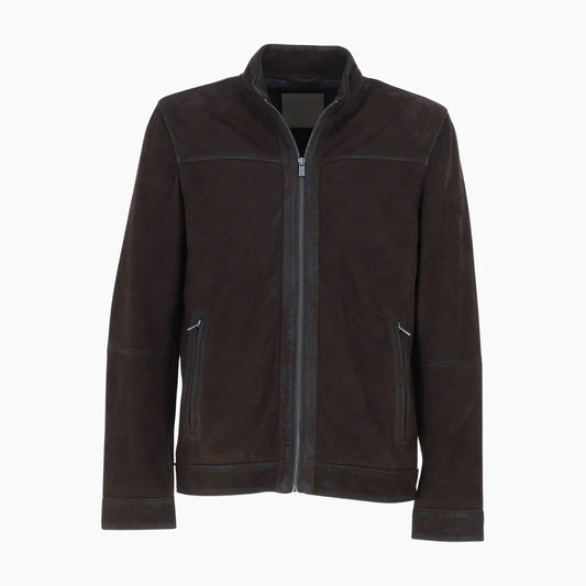 Mens Real Leather Jacket with Mandarin Collar and Zip Dark Brown