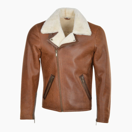 Mens Side Zip Biker Sheepskin Pilot Jacket Tan