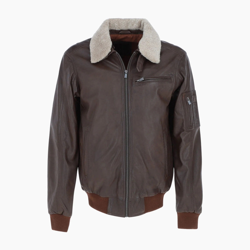 Mens Top Gun Shearling Collar Bomber Leather Jacket Brown