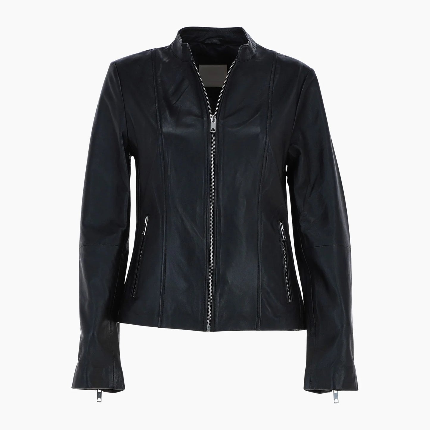 Real Leather Biker Style Jacket with Mandarin Collar Black