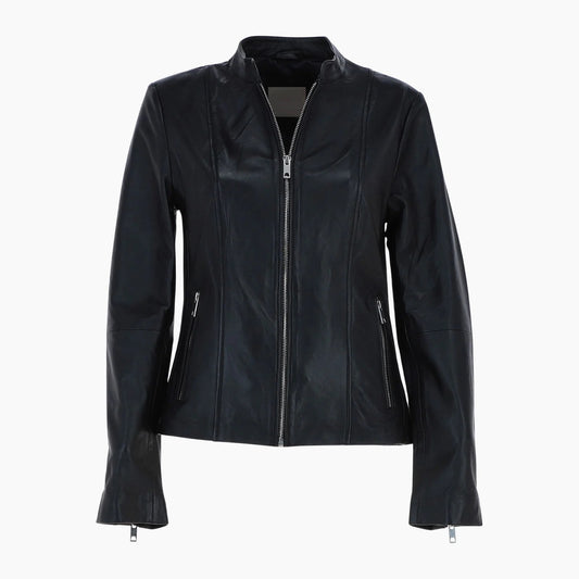 Real Leather Biker Style Jacket with Mandarin Collar Black
