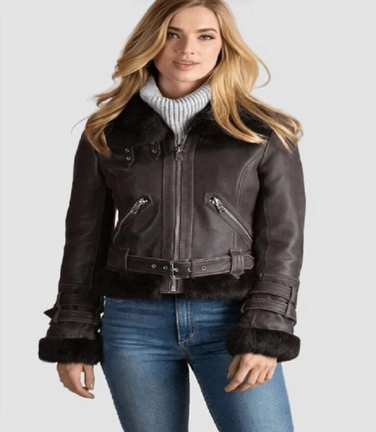 Womens Shearling B-3 Bomber Vintage Leather Jacket