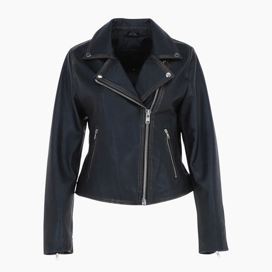 Womens Genuine Leather Slim Fit Biker Jacket Black Ruboff