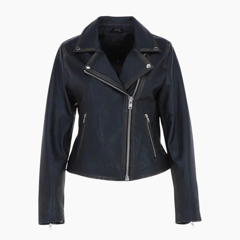 Womens Genuine Leather Slim Fit Biker Jacket Black Ruboff